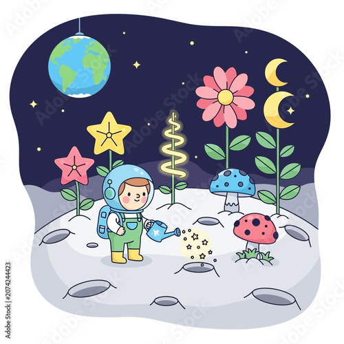 Astronaut child watering glowing stars on moon with Earth in background