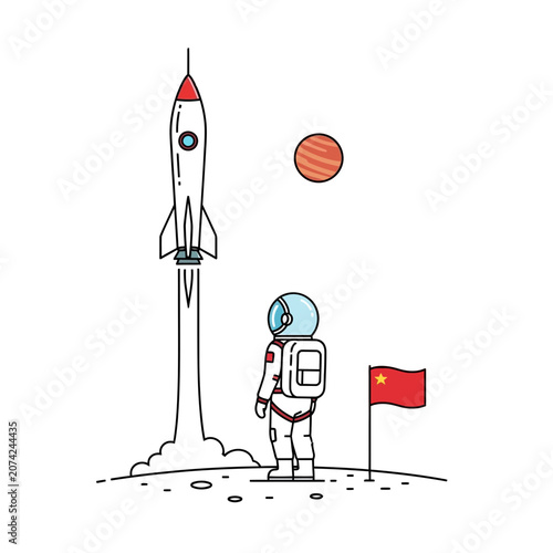 Astronaut Watches Rocket Launch on Mars with Chinese Flag