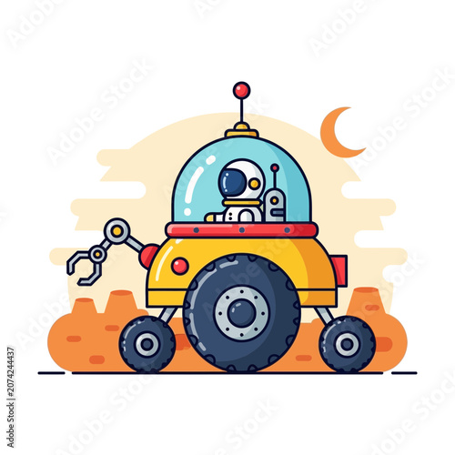 Astronaut driving a futuristic rover on an alien planet with a crescent moon