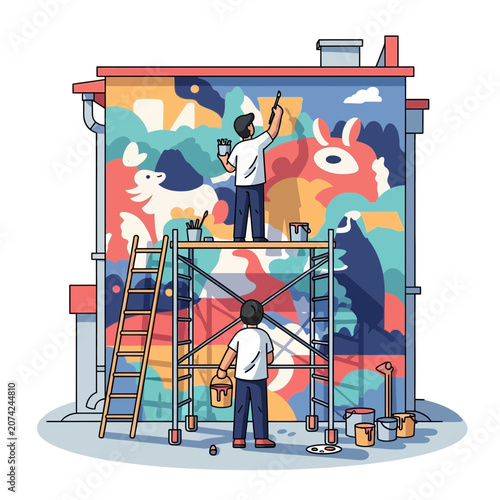 Artists painting a colorful mural on building exterior with scaffolding