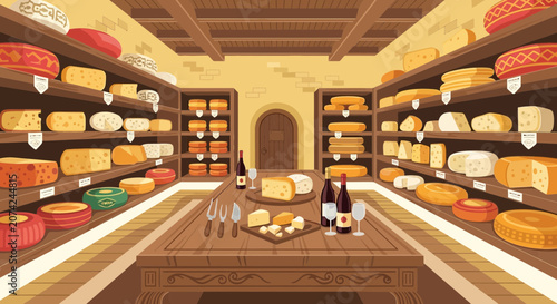 Artistic Cheese Shop Interior with Assorted Cheeses and Wine