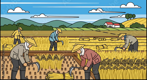 Asian Farmers Harvesting Rice Field with Sickles, Rural Agriculture Scene