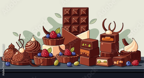 Assortment of Chocolate Desserts and Candies with Berries and Pistachios
