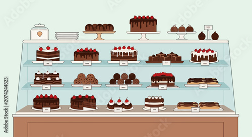 Assortment of Delicious Cakes and Pastries Displayed in a Bakery Showcase