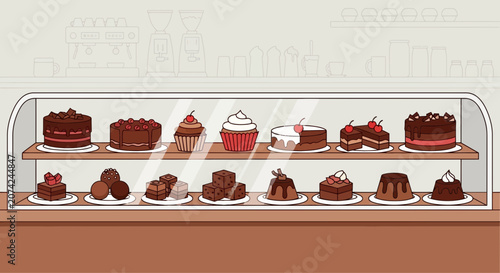 Assortment of Delicious Chocolate Cakes and Desserts in a Display Case