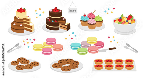 Assortment of Desserts and Sweets: Cakes, Cupcakes, Macarons, Cookies, and Fruit Salad