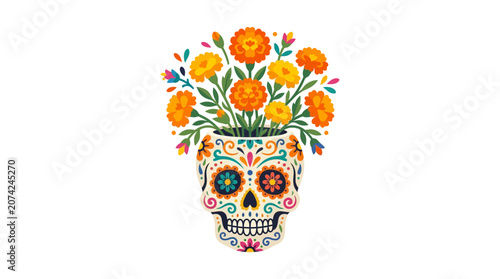 Minimalist flat design single icon of a traditional Mexican Day of the Dead marigold flower pot celebrating cultural heritage in vibrant orange and black colors with clean lines and white sp