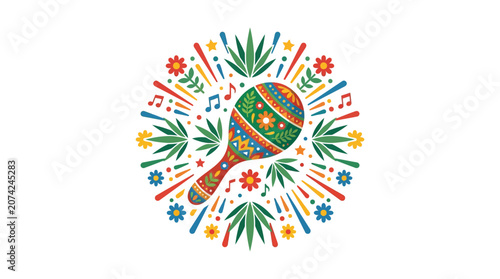 Minimalist flat design single icon of a vibrant Cinco de Mayo maraca celebrating Mexican culture with festive traditional elements in a clean white space perfect for holiday promotions and c