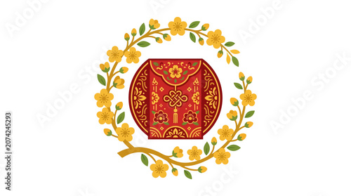 Minimalist flat design single icon of a graceful curving Vietnamese Tet apricot blossom branch celebrating Lunar New Year with traditional cultural symbolism in soft pastel tones on a clean