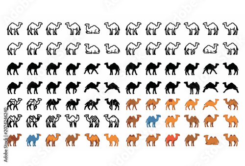 Fotografie Camel Outline Silhouette Flat Colorful Geometric Desert Animal Icon Vector Colle