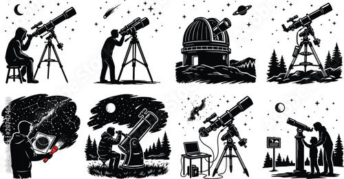 Fotografía Astronomy and stargazing vector icon set featuring telescopes observatory starga
