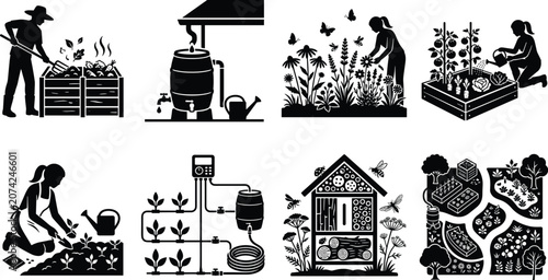 Foto Sustainable gardening and permaculture icon set featuring compost bin rainwater