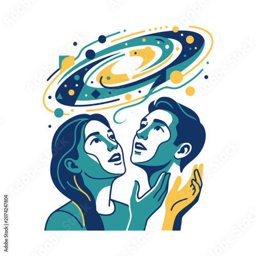 Quadro su tela Two people look up in wonder at a stylized spiral