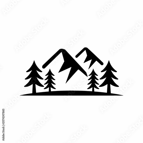Minimalist black silhouette of mountains and pine trees