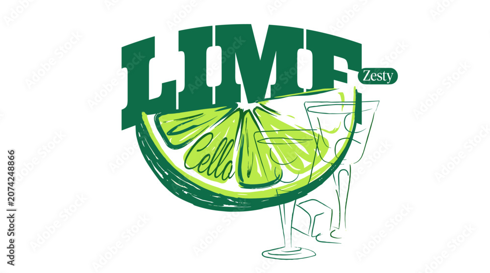 Obraz premium Lime zesty cello drink design. Fresh fruit vector graphic. Summer cocktail poster artwork.