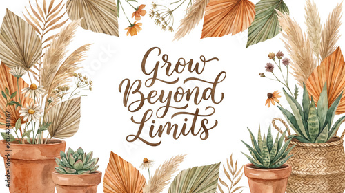 Bohemian style watercolor illustration with inspirational quote Grow Beyond Limits surrounded by dried plants and flowers.