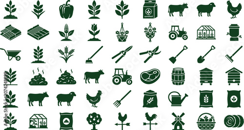 Tableau sur toile Agriculture and Organic Farming Solid Glyph Icon Set with Livestock Crops Tracto