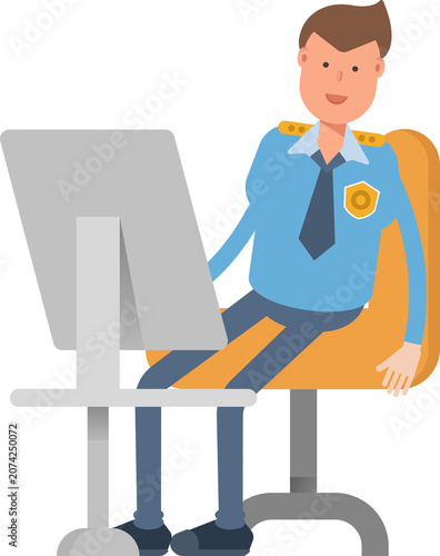Police Officer Character Working on Desktop
