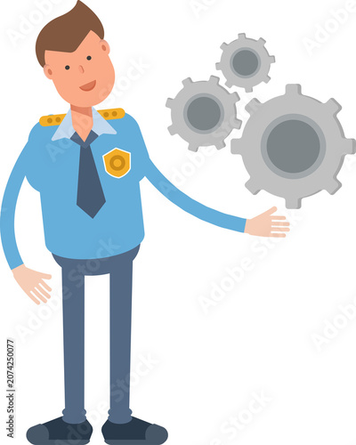 Police Officer Character Holding Gears
