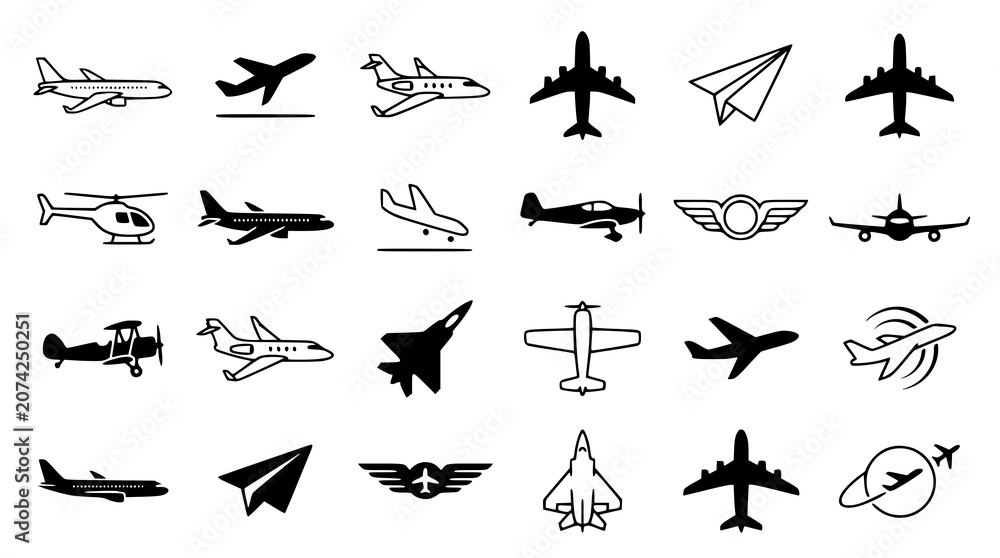 Fototapeta premium Airplane Icon Vector Set with Aircraft Flight and Aviation Logo Collection in Black Style