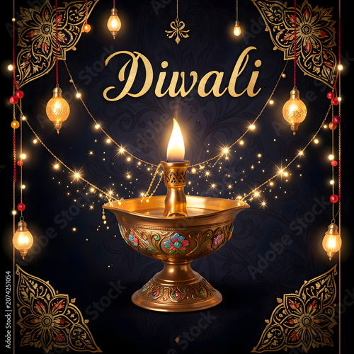 Elegant Deepavali Background with Ornate Brass Oil Lamp and String Lights