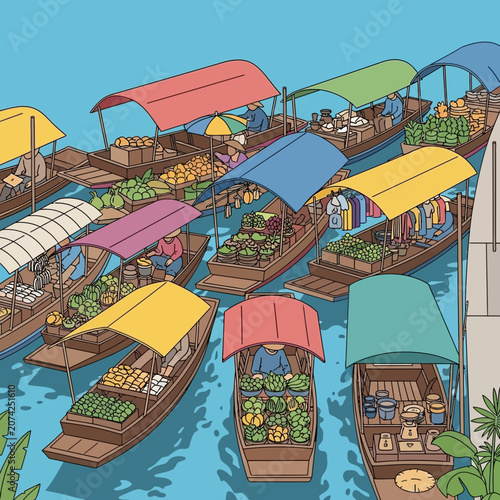 Φωτογραφία Colorful Floating Market with Boats Selling Produce and Goods