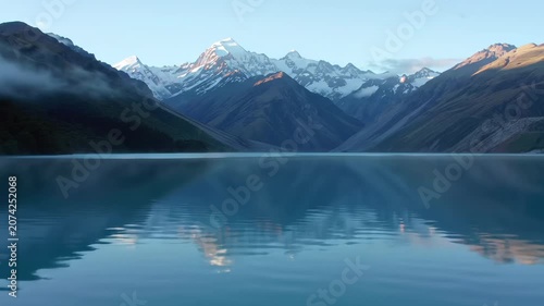 Majestic snow-capped mountains reflected in tranquil, still lake water