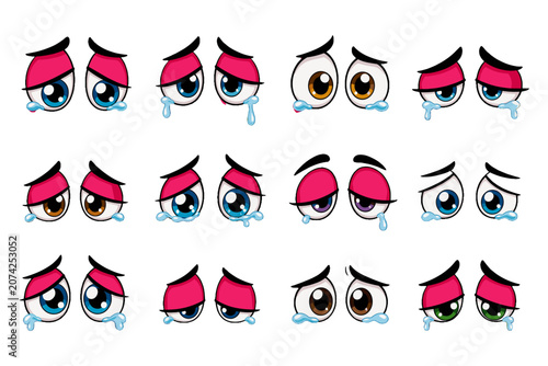 Fotografie Set of crying cartoon eyes with tears on white background