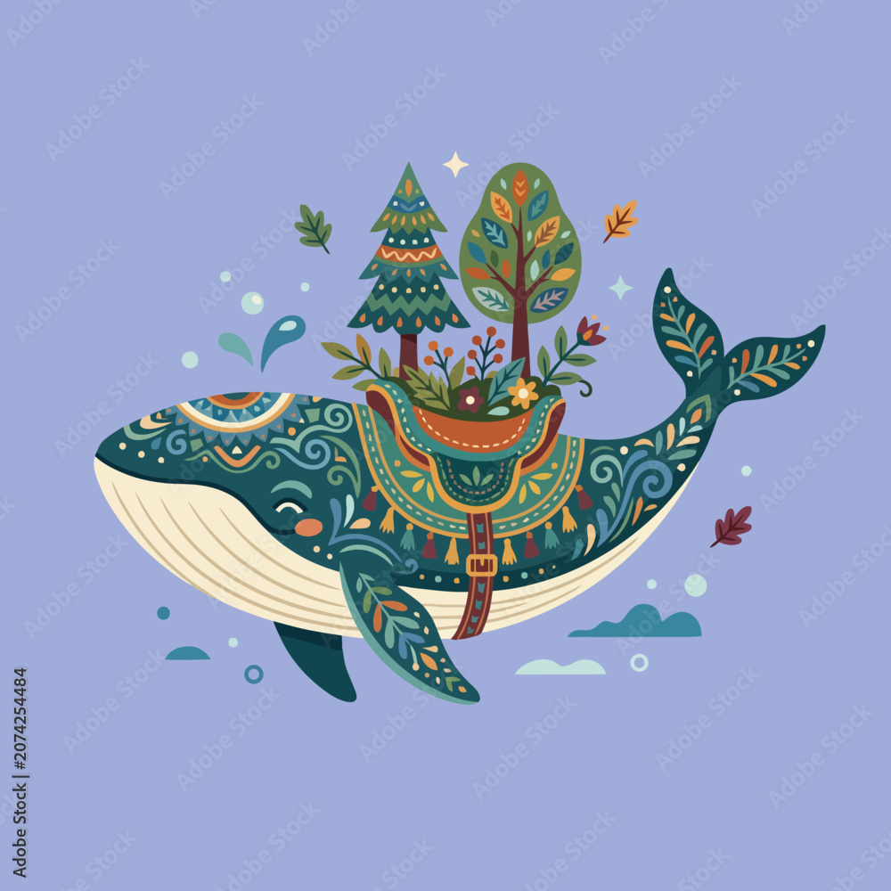 Fototapeta premium A decorative whale carries a forest on its back in nature