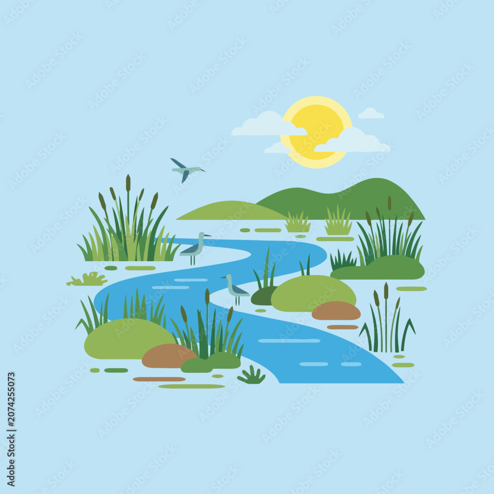 Obraz premium A peaceful river flows through a green marshland