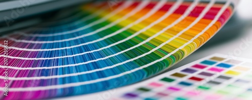 Detailed close up of vibrant colorful fan-shaped color palette swatches guide book on table, concept for graphic design, professional printing and corporate brand identity development