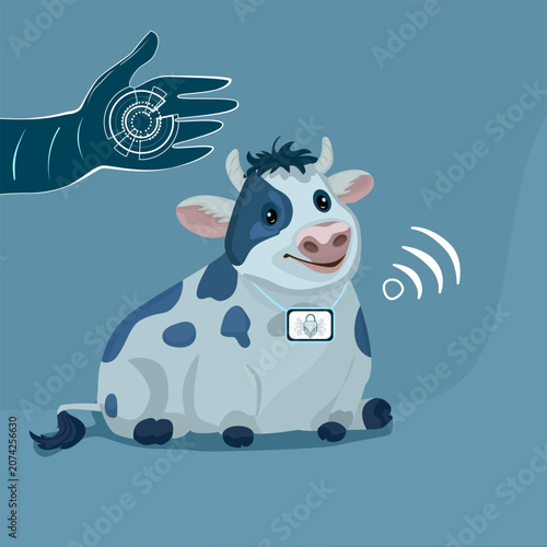 Cute dairy cow wearing a smart IoT collar tag under a bold digital hand tracking scan interface. Innovative smart dairy farming technology and precision livestock monitoring vector illustration.