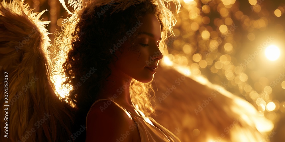Naklejka premium Serene young woman with angel wings and curly hair posing in golden glowing bokeh light background, concept for spiritual banner, religious greeting card and fantasy wallpaper
