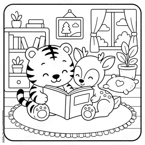 Tiger and Deer Comfy days cute and comfy cozy coloring pages