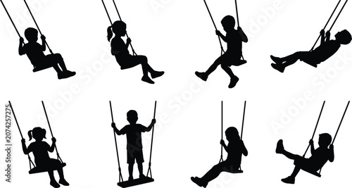 Children on Playground Swings Black Silhouette Vector Set Isolated on White Background