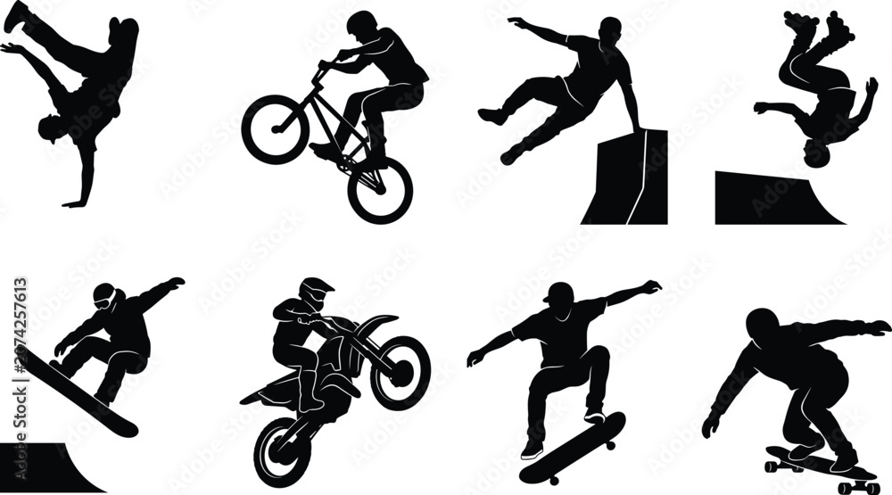 Naklejka premium Extreme sports vector silhouette set featuring bmx skateboarding motocross parkour rollerblading and breakdancing action stunts