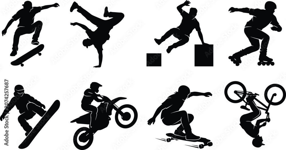 Naklejka premium Extreme sports silhouette vector set featuring skateboarding breakdancing parkour rollerblading snowboarding motocross and bmx tricks