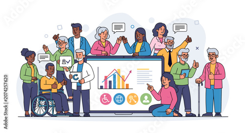 Diverse group of people of all ages and abilities gathered around a laptop displaying data and accessibility icons, representing inclusion and community.