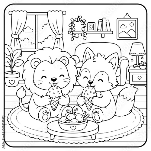 Lion and Wolf Comfy days cute and comfy cozy coloring pages