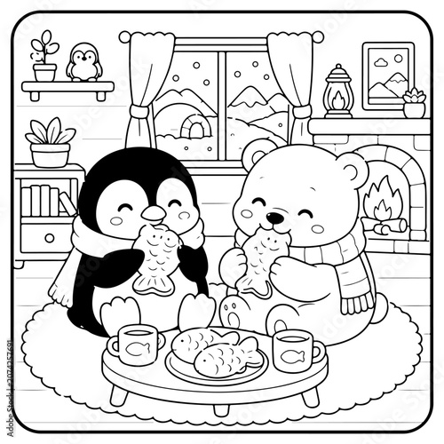 Penguin and Polar Bear Comfy days cute and comfy cozy coloring pages