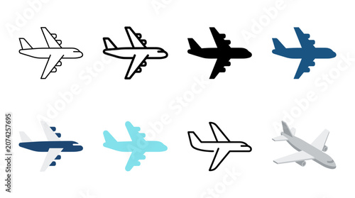 Collection of various airplane transport icons and illustrations for travel aviation and journey concepts