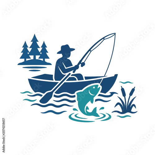 Photography A fisherman catches a jumping fish from a small rowboat