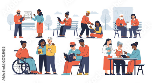 Tableau sur toile Diverse group of people of various ages and abilities interacting in outdoor and indoor settings, promoting inclusivity and community