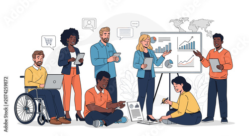 Diverse group of business professionals collaborating on data analysis and strategy, showcasing teamwork and inclusivity in a modern office environment.