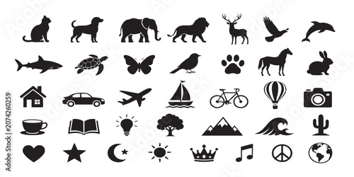 Black silhouette icons of animals, objects and symbols isolated on white background, Vector, illustration