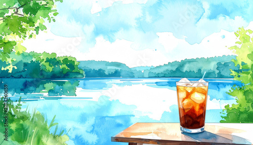 湖畔のカフェテラスと涼しげなアイスコーヒーの水彩画風イラスト　夏のリゾートや避暑地をイメージした清涼感のある風景背景素材　文字入れ用コピースペースと爽やかな空の広がりがあるポスターやWebバナー用デザイン素材