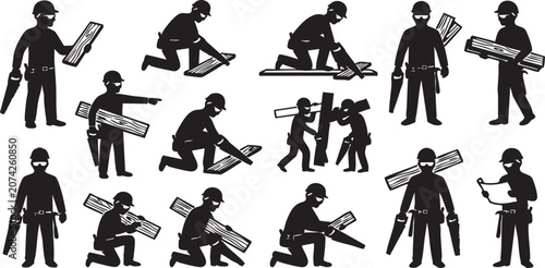 Photos Carpenter builder silhouette icon set, professional construction woodworker figu