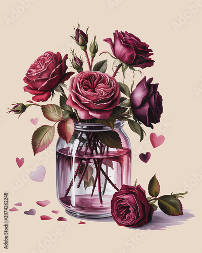 Romantic Red and Pink Roses Bouquet in Glass Jar with Floating Heart Shapes