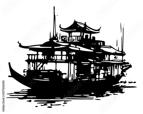 Obraz na plátně Traditional Asian Junk Boat Sampan Ink Splatter Art, Oriental River Cruise Illus