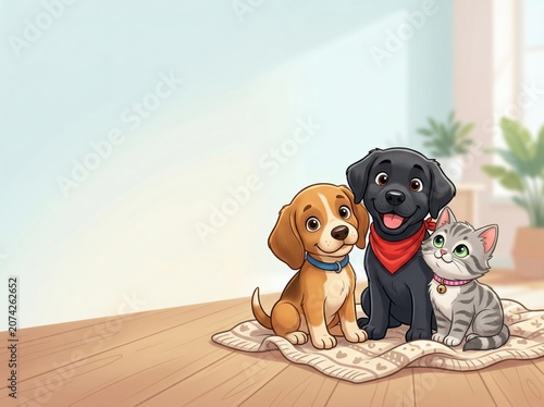 Happy Pets. Cartoon illustration of a beagle puppy, black labrador, and tabby kitten sitting together on a soft rug, cozy home interior background for pet care branding.